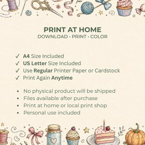 May include: A digital print at home graphic with the text "PRINT AT HOME" and bullet points detailing the included sizes and usage. The image features watercolor illustrations of sewing notions, baked goods, and other craft-related items.