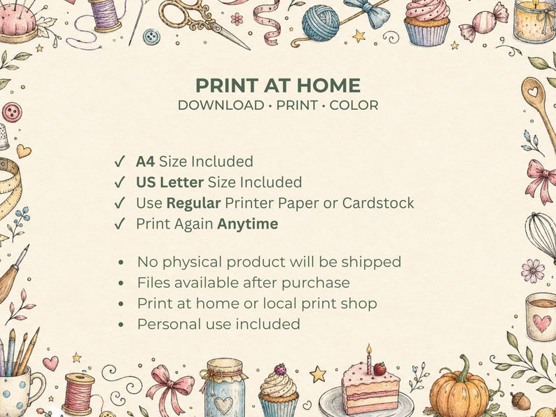 May include: A digital print at home graphic with the text "PRINT AT HOME" and bullet points detailing the included sizes and usage. The image features watercolor illustrations of sewing notions, baked goods, and other craft-related items.