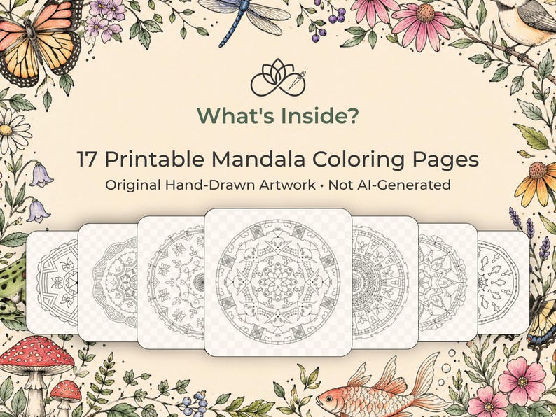 Målarbilder med fjärilar och vilda djur i mandala, 17 PDF-filer bild 2