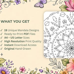 Puede incluir: Una descarga digital con un dise&ntilde;o de mandala en blanco y negro para colorear. La imagen incluye el texto "WHAT YOU GET" y enumera caracter&iacute;sticas como 19 dise&ntilde;os &uacute;nicos, archivos PDF listos para imprimir y calidad de impresi&oacute;n de alta resoluci&oacute;n. Ilustraciones florales y de mariposas rodean el dise&ntilde;o.