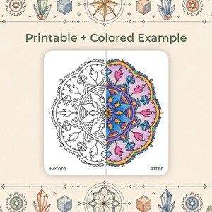 Op de afbeelding: Een afdrukbare mandala kleurplaat met een gekleurd voorbeeld. De mandala is half gekleurd met tinten blauw, roze en geel, en de andere helft is een zwart-wit lijntekening. De tekst "Printable + Colored Example" staat bovenaan.