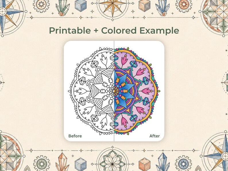 Op de afbeelding: Een afdrukbare mandala kleurplaat met een gekleurd voorbeeld. De mandala is half gekleurd met tinten blauw, roze en geel, en de andere helft is een zwart-wit lijntekening. De tekst "Printable + Colored Example" staat bovenaan.