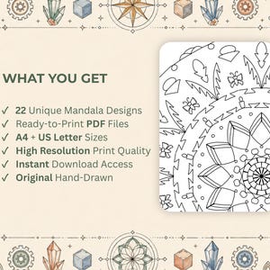 Op de afbeelding: Een digitale download met een zwart-wit mandala-ontwerp. De afbeelding bevat de tekst "WHAT YOU GET" en bevat functies zoals 22 unieke mandala-ontwerpen, kant-en-klare PDF-bestanden, A4- en US Letter-formaten, afdrukkwaliteit met hoge resolutie, directe downloadtoegang en originele handgetekende ontwerpen.