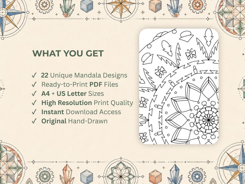 Op de afbeelding: Een digitale download met een zwart-wit mandala-ontwerp. De afbeelding bevat de tekst "WHAT YOU GET" en bevat functies zoals 22 unieke mandala-ontwerpen, kant-en-klare PDF-bestanden, A4- en US Letter-formaten, afdrukkwaliteit met hoge resolutie, directe downloadtoegang en originele handgetekende ontwerpen.