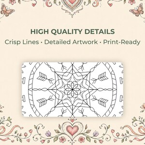 Może przedstawiać: Prostokątny czarno-biały wz&oacute;r mandali ze strzałkami i wzorem rozbłysku gwiazdy. Obraz zawiera tekst "HIGH QUALITY DETAILS" i "Crisp Lines &bull; Detailed Artwork &bull; Print-Ready". Tło ma dekoracyjne serca, kokardy i motyle.