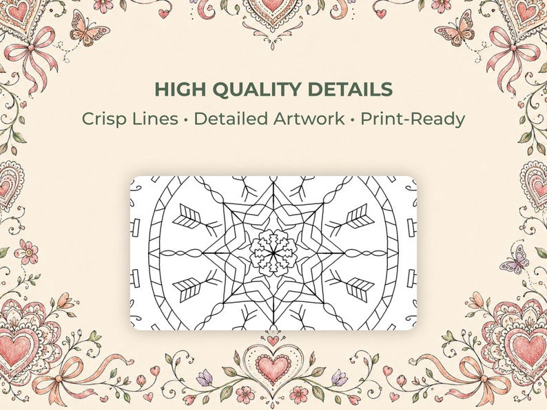 Może przedstawiać: Prostokątny czarno-biały wz&oacute;r mandali ze strzałkami i wzorem rozbłysku gwiazdy. Obraz zawiera tekst "HIGH QUALITY DETAILS" i "Crisp Lines &bull; Detailed Artwork &bull; Print-Ready". Tło ma dekoracyjne serca, kokardy i motyle.