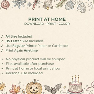 Puede incluir: Un dise&ntilde;o digital para imprimir en casa con un fondo crema e ilustraciones decorativas de vacaciones y de temporada. El texto incluye "PRINT AT HOME" y detalles sobre los tama&ntilde;os y el uso incluidos.