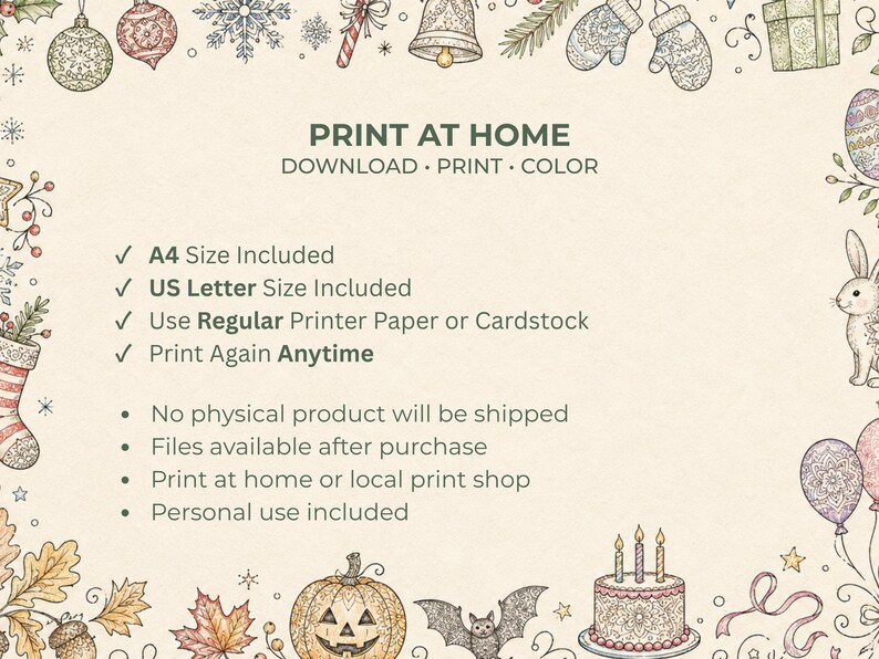 Puede incluir: Un dise&ntilde;o digital para imprimir en casa con un fondo crema e ilustraciones decorativas de vacaciones y de temporada. El texto incluye "PRINT AT HOME" y detalles sobre los tama&ntilde;os y el uso incluidos.