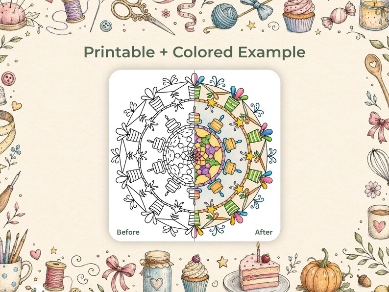 May include: A printable coloring page with a mandala design, featuring a half-colored example. The text "Printable + Colored Example" is at the top. The image shows a before and after coloring comparison.