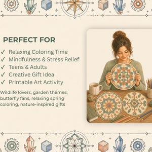 Op de afbeelding: Een vrouw houdt een mandala kleurplaat vast, met kleurpotloden en een mok op tafel. De afbeelding bevat de tekst "Perfect For" en geeft ontspannende kleurtijd, mindfulness en stressverlichting weer.