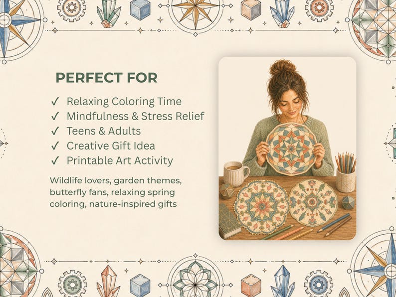 Op de afbeelding: Een vrouw houdt een mandala kleurplaat vast, met kleurpotloden en een mok op tafel. De afbeelding bevat de tekst "Perfect For" en geeft ontspannende kleurtijd, mindfulness en stressverlichting weer.