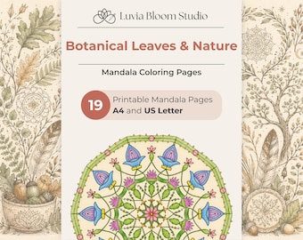 Páginas para colorear de mandalas botánicos, 19 archivos PDF de hojas y naturaleza