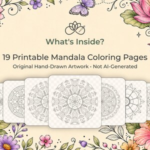 Puede incluir: Imagen que muestra 19 p&aacute;ginas para colorear de mandalas imprimibles con ilustraciones originales dibujadas a mano. La imagen incluye un borde floral, una mariposa y el texto "What's Inside?" y "19 Printable Mandala Coloring Pages".