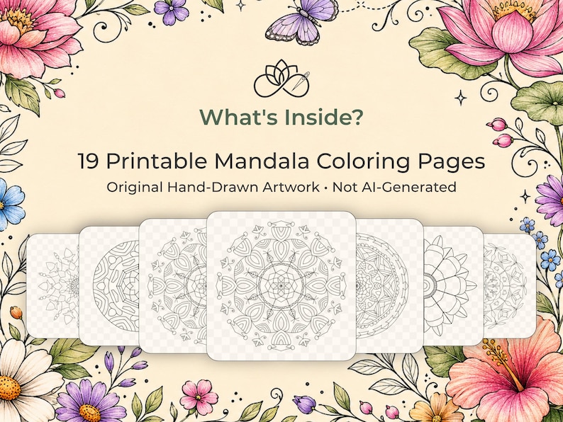 Puede incluir: Imagen que muestra 19 p&aacute;ginas para colorear de mandalas imprimibles con ilustraciones originales dibujadas a mano. La imagen incluye un borde floral, una mariposa y el texto "What's Inside?" y "19 Printable Mandala Coloring Pages".