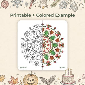 Puede incluir: Una p&aacute;gina para colorear imprimible con un dise&ntilde;o de mandala, que presenta un ejemplo de antes y despu&eacute;s. El ejemplo coloreado muestra un tema festivo con &aacute;rboles verdes y detalles en rojo. El texto "Printable + Colored Example" est&aacute; en la parte superior.