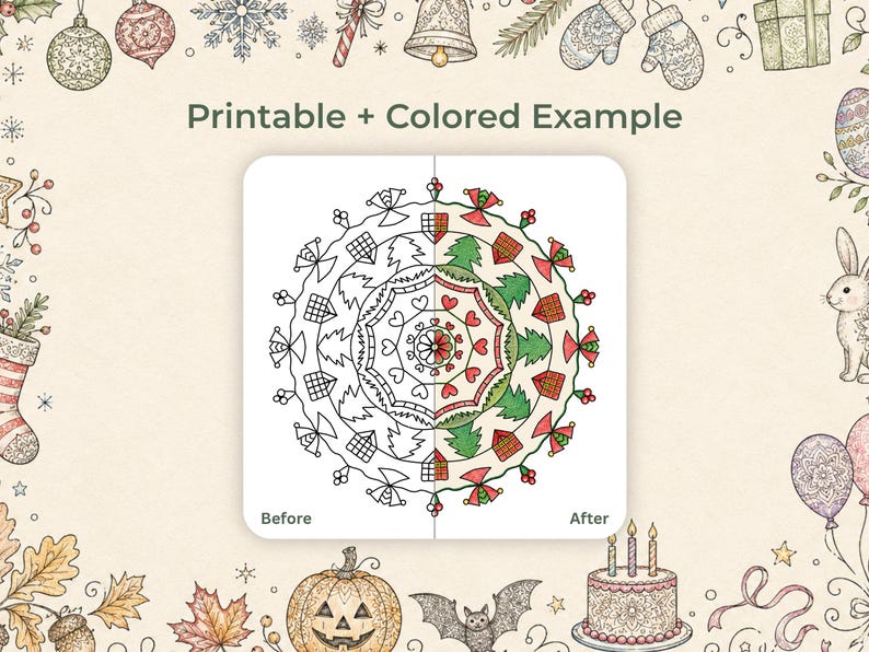 Puede incluir: Una p&aacute;gina para colorear imprimible con un dise&ntilde;o de mandala, que presenta un ejemplo de antes y despu&eacute;s. El ejemplo coloreado muestra un tema festivo con &aacute;rboles verdes y detalles en rojo. El texto "Printable + Colored Example" est&aacute; en la parte superior.