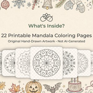 Puede incluir: Imagen de 22 p&aacute;ginas para colorear mandalas imprimibles. La imagen presenta intrincados dise&ntilde;os circulares, sobre un fondo beige claro adornado con ilustraciones festivas. El texto dice "What's Inside?" y "Original Hand-Drawn Artwork - Not Al-Generated."