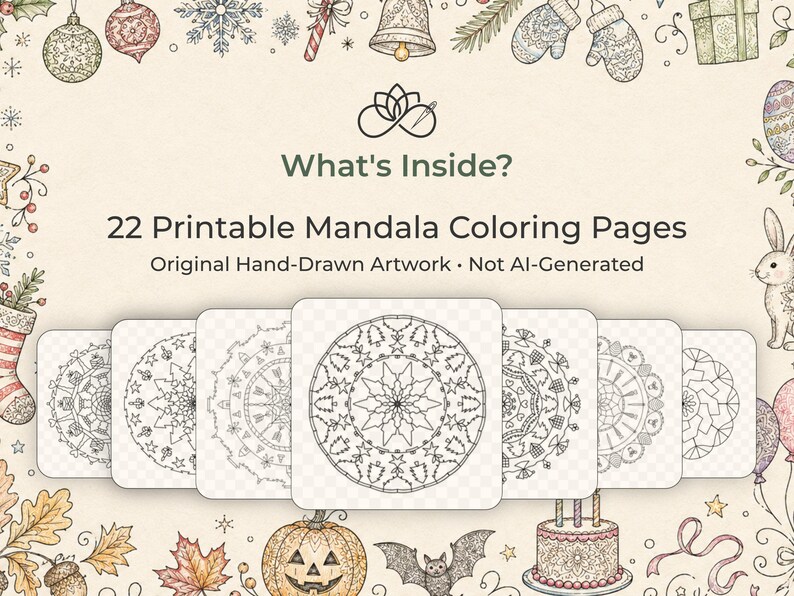 Puede incluir: Imagen de 22 p&aacute;ginas para colorear mandalas imprimibles. La imagen presenta intrincados dise&ntilde;os circulares, sobre un fondo beige claro adornado con ilustraciones festivas. El texto dice "What's Inside?" y "Original Hand-Drawn Artwork - Not Al-Generated."