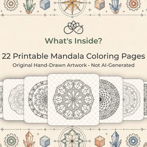 Op de afbeelding: Een verzameling van 22 afdrukbare mandala kleurplaten. De pagina's bevatten originele handgetekende kunstwerken met ingewikkelde zwart-wit ontwerpen. De tekst "What's Inside?" en "22 Printable Mandala Coloring Pages" is te zien.