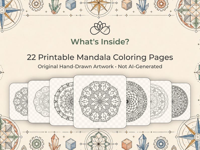 Op de afbeelding: Een verzameling van 22 afdrukbare mandala kleurplaten. De pagina's bevatten originele handgetekende kunstwerken met ingewikkelde zwart-wit ontwerpen. De tekst "What's Inside?" en "22 Printable Mandala Coloring Pages" is te zien.