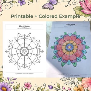 Puede incluir: Una p&aacute;gina para colorear imprimible y un ejemplo coloreado de un dise&ntilde;o de mandala floral. El mandala en blanco y negro est&aacute; a la izquierda, y la versi&oacute;n coloreada est&aacute; a la derecha. El texto "Printable + Colored Example" est&aacute; en la parte superior.