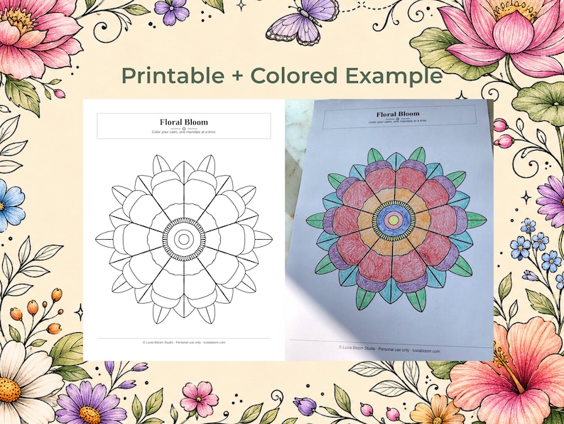Puede incluir: Una p&aacute;gina para colorear imprimible y un ejemplo coloreado de un dise&ntilde;o de mandala floral. El mandala en blanco y negro est&aacute; a la izquierda, y la versi&oacute;n coloreada est&aacute; a la derecha. El texto "Printable + Colored Example" est&aacute; en la parte superior.