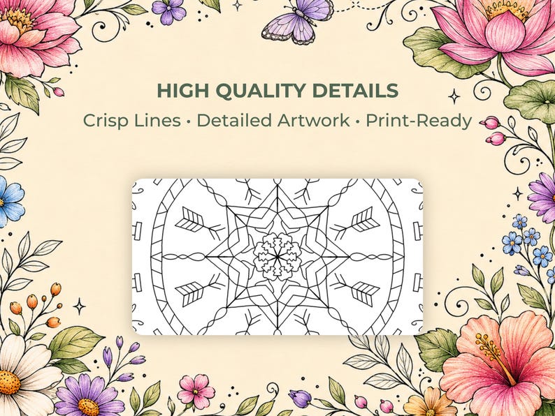 Puede incluir: Un dise&ntilde;o de mandala en blanco y negro con motivos de flechas, sobre un fondo de flores y hojas de acuarela. La imagen presenta el texto: "HIGH QUALITY DETAILS", "Crisp Lines &bull; Detailed Artwork &bull; Print-Ready". El borde floral incluye flores rosas, moradas y azules.