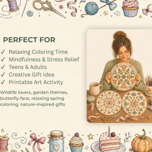 May include: An illustration featuring a woman holding a decorative plate with a colorful mandala design. The image includes text that says "PERFECT FOR" and lists activities like relaxing coloring time and creative gift ideas. The image has a craft theme.