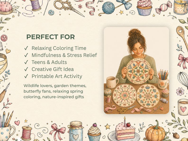 May include: An illustration featuring a woman holding a decorative plate with a colorful mandala design. The image includes text that says "PERFECT FOR" and lists activities like relaxing coloring time and creative gift ideas. The image has a craft theme.