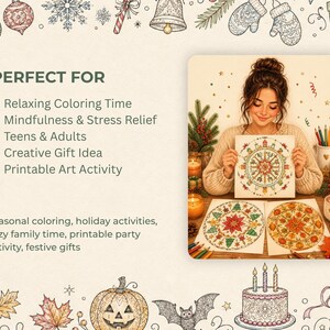 Puede incluir: Una mujer sostiene una p&aacute;gina para colorear de mandala, rodeada de l&aacute;pices de colores, velas y otras p&aacute;ginas para colorear. La imagen incluye el texto "PERFECT FOR" y enumera el tiempo de colorear relajante, la atenci&oacute;n plena y las ideas de regalos creativos.