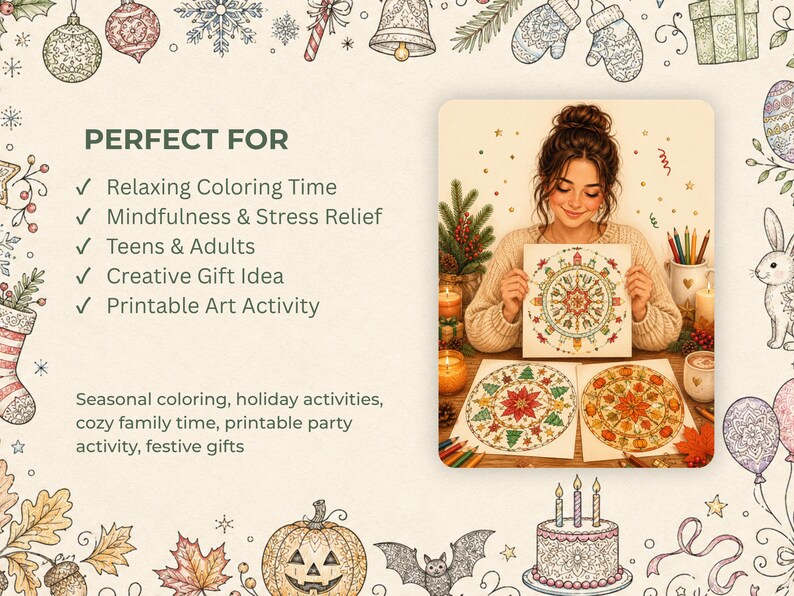 Puede incluir: Una mujer sostiene una p&aacute;gina para colorear de mandala, rodeada de l&aacute;pices de colores, velas y otras p&aacute;ginas para colorear. La imagen incluye el texto "PERFECT FOR" y enumera el tiempo de colorear relajante, la atenci&oacute;n plena y las ideas de regalos creativos.
