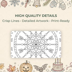 Puede incluir: Un dise&ntilde;o de mandala en blanco y negro con flechas y patrones de copos de nieve, rodeado de ilustraciones tem&aacute;ticas de vacaciones. El texto dice "HIGH QUALITY DETAILS" y "Crisp Lines &bull; Detailed Artwork &bull; Print-Ready".