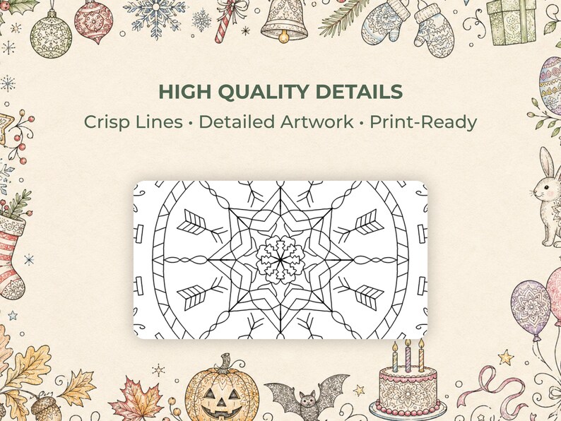 Puede incluir: Un dise&ntilde;o de mandala en blanco y negro con flechas y patrones de copos de nieve, rodeado de ilustraciones tem&aacute;ticas de vacaciones. El texto dice "HIGH QUALITY DETAILS" y "Crisp Lines &bull; Detailed Artwork &bull; Print-Ready".