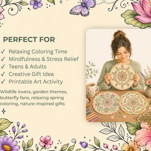 Puede incluir: Ilustraci&oacute;n en acuarela de una mujer sosteniendo una p&aacute;gina para colorear circular con un dise&ntilde;o floral. La imagen incluye otras p&aacute;ginas para colorear, l&aacute;pices de colores y una taza. El texto dice "PERFECT FOR" y enumera los beneficios de colorear.