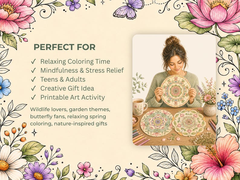 Puede incluir: Ilustraci&oacute;n en acuarela de una mujer sosteniendo una p&aacute;gina para colorear circular con un dise&ntilde;o floral. La imagen incluye otras p&aacute;ginas para colorear, l&aacute;pices de colores y una taza. El texto dice "PERFECT FOR" y enumera los beneficios de colorear.