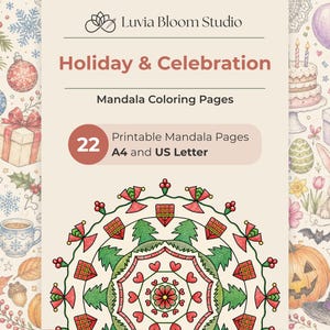 Puede incluir: Una impresi&oacute;n digital que presenta p&aacute;ginas para colorear mandalas con tem&aacute;tica de vacaciones y celebraciones. El dise&ntilde;o incluye elementos festivos como adornos navide&ntilde;os, regalos y un dise&ntilde;o de mandala. El texto dice "Holiday & Celebration" y "22 Printable Mandala Pages A4 and US Letter".