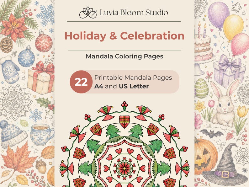 Puede incluir: Una impresi&oacute;n digital que presenta p&aacute;ginas para colorear mandalas con tem&aacute;tica de vacaciones y celebraciones. El dise&ntilde;o incluye elementos festivos como adornos navide&ntilde;os, regalos y un dise&ntilde;o de mandala. El texto dice "Holiday & Celebration" y "22 Printable Mandala Pages A4 and US Letter".