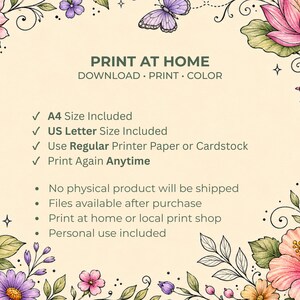 Puede incluir: Anuncio de impresi&oacute;n digital con borde floral en acuarela. El texto dice "IMPRIME EN CASA" con instrucciones de descarga, impresi&oacute;n y color. Incluye tama&ntilde;os A4 y US Letter, e indica que los archivos est&aacute;n disponibles despu&eacute;s de la compra para uso personal.