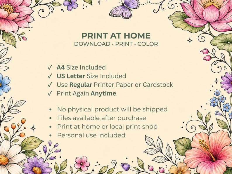 Puede incluir: Anuncio de impresi&oacute;n digital con borde floral en acuarela. El texto dice "IMPRIME EN CASA" con instrucciones de descarga, impresi&oacute;n y color. Incluye tama&ntilde;os A4 y US Letter, e indica que los archivos est&aacute;n disponibles despu&eacute;s de la compra para uso personal.