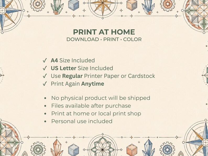 Op de afbeelding: Printbaar kunstontwerp met een cr&egrave;mekleurige achtergrond en decoratieve rand. De tekst "PRINT AT HOME" staat bovenaan, met een lijst met functies, waaronder A4- en US Letter-formaten. Het ontwerp bevat kompassen, tandwielen en kristallen.