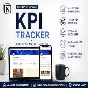 May include: A Notion template graphic with the text "KPI TRACKER" in large blue letters. The image includes a laptop and smartphone displaying a dashboard, a black mug, and icons for key features like "Track Key Metrics" and "Visualize Progress."