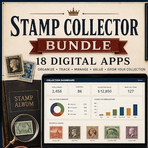 May include: A digital stamp collector bundle featuring 18 apps for tracking and managing collections. The image displays a laptop screen showing a collection dashboard with data, surrounded by vintage stamps, a magnifying glass, and a list.