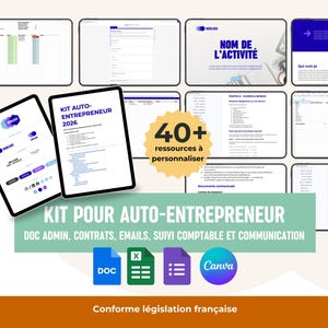 Op de afbeelding: Een digitale businesskit voor ondernemers, met meerdere tabletschermen met documenten en website-mockups. De kit bevat meer dan 40 aanpasbare bronnen. De tekst bevat "KIT POUR AUTO-ENTREPRENEUR" en "Conforme législation française".
