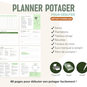 Può includere: Un planner digitale con il titolo "PLANNER POTAGER" in verde, per principianti. Include sezioni per la semina, la piantagione e il monitoraggio mensile. Il testo "INSTANT DOWNLOAD" è visibile. Il planner ha 48 pagine.