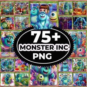 Könnte beinhalten: Eine Sammlung von PNG-Bildern zum Thema Monster AG. Die Bilder zeigen Charaktere wie Sully, Mike Glotzkowski und Boo. Der Text "75+ Monster Inc PNG" wird in einem schwarzen Oval angezeigt. Die Bilder sind in verschiedenen Farben und Designs.