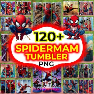 May include: A collection of Spiderman tumblers with various designs featuring the superhero in action poses. The tumblers showcase Spiderman in red and blue, with the text "120+ SPIDERMAN TUMBLER PNG" in a vibrant, eye-catching design.