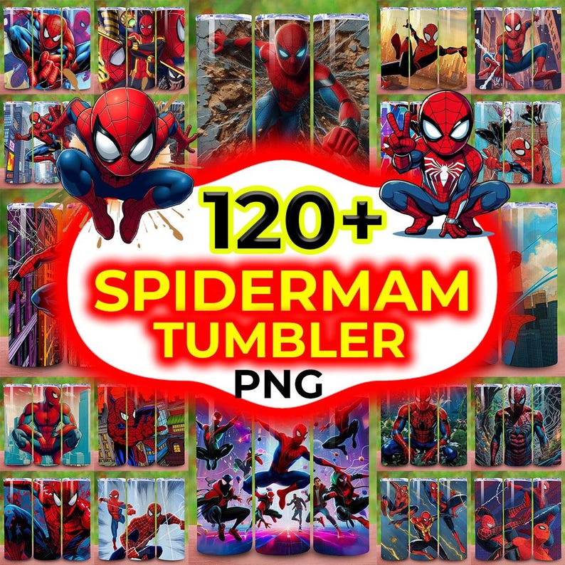 May include: A collection of Spiderman tumblers with various designs featuring the superhero in action poses. The tumblers showcase Spiderman in red and blue, with the text "120+ SPIDERMAN TUMBLER PNG" in a vibrant, eye-catching design.