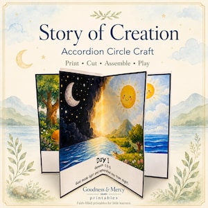 Pode incluir: Um artesanato de círculo em acordeão intitulado Story of Creation com ilustrações em aquarela do sol, da lua e de paisagens. Os painéis incluem texto como Day 1, Genesis 1:3-5, God made light and separated day from night e Goodness & Mercy printables.