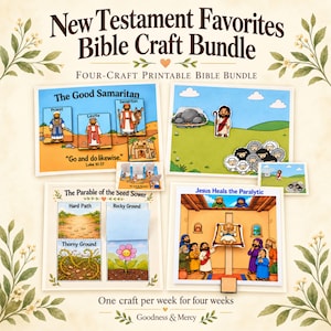 May include: A New Testament Favorites Bible Craft Bundle featuring four printable craft sets. The collection includes scenes for The Good Samaritan, The Parable of the Seed Sower, Jesus Heals the Paralytic, and a shepherd scene with sheep and Jesus.