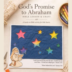 Może przedstawiać: Zestaw do lekcji biblijnych i prac ręcznych zatytułowany God's Promise to Abraham, zawierający ciemnoniebieski arkusz papieru z wycięciami w kształcie gwiazd ukazującymi kolorowe rysunki, ilustrację Abrahama oraz tekst z Księgi Rodzaju 15:5 i 15:6.